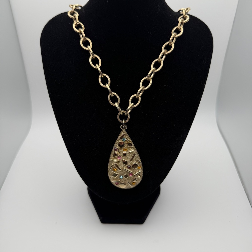 Vintage Sarah Coventry Gold-Tone Teardrop Pendant Necklace Multicolor Statement